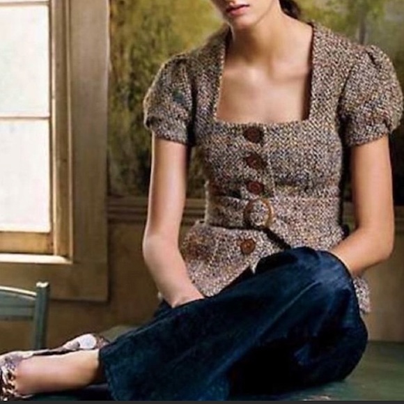 Anthropologie Jackets & Blazers - Anthropologie Elevenses Tan Tweed Belted Wool Jacket Blazer Size: 8